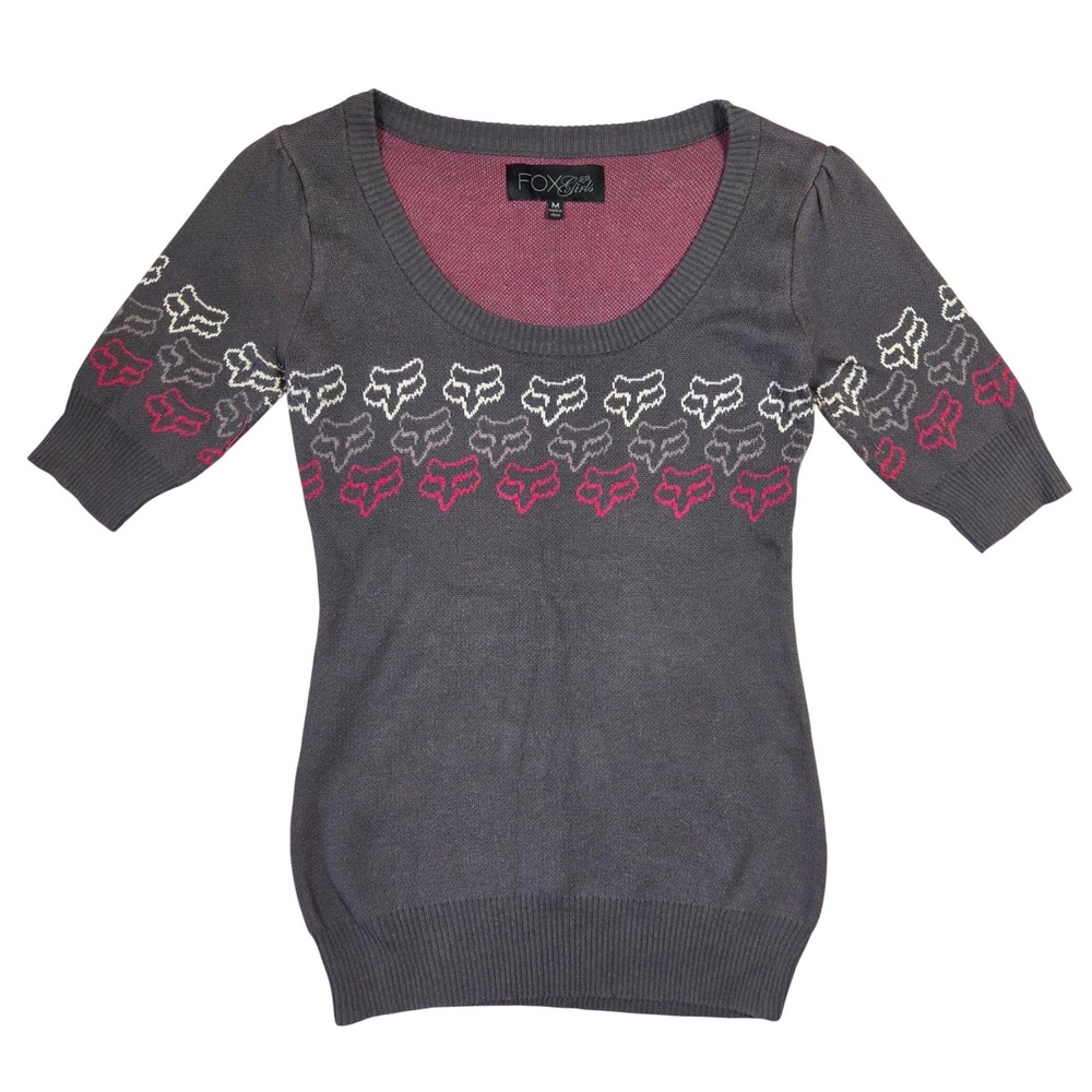 Y2k Fox Girls Charcoal Grey‎ Pink Logo Scoop Neck Short Sleeve Sweater M Racing